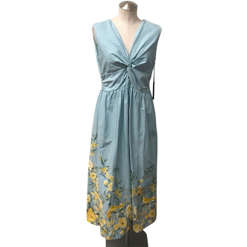 Rachel Zoe Midi Dress Womens 8 Blue Floral Twist Front Sleeveless Pockets